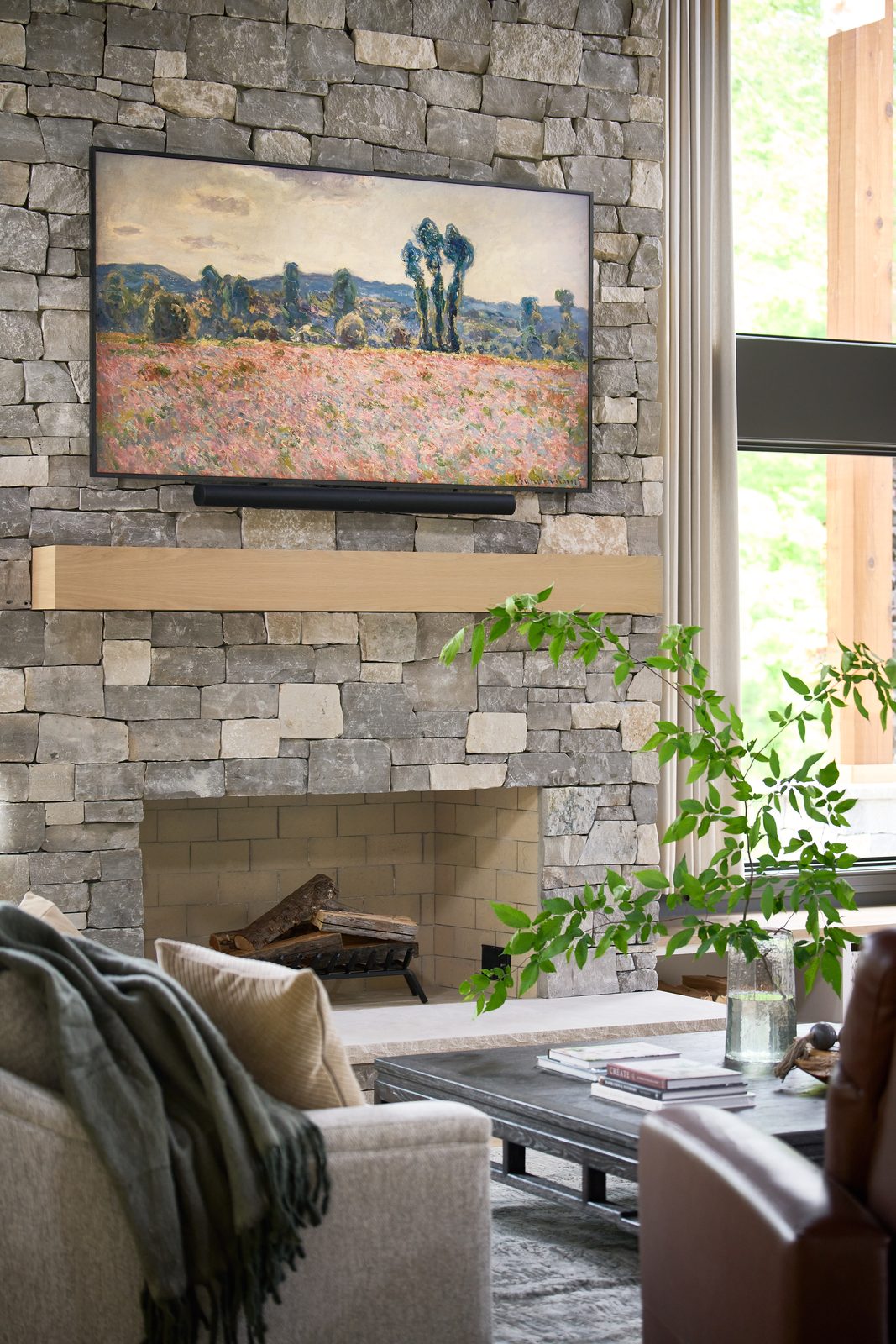 Beach Blend Ashlar limestone fireplace surround and mantel detail